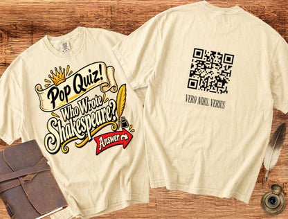 Who Wrote Shakespeare? QR code on the back — Shakespearean Tee