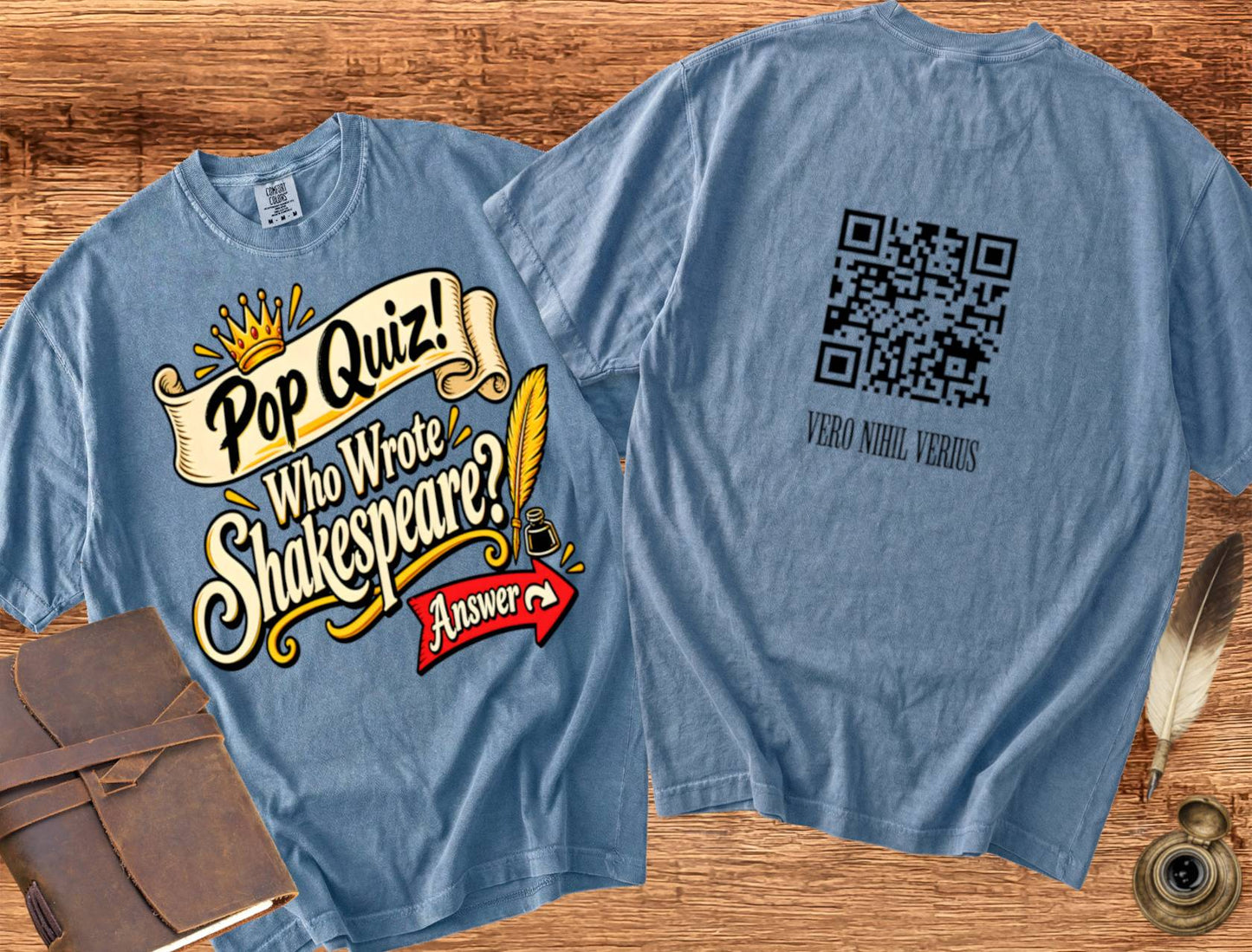 Who Wrote Shakespeare? QR code on the back — Shakespearean Tee