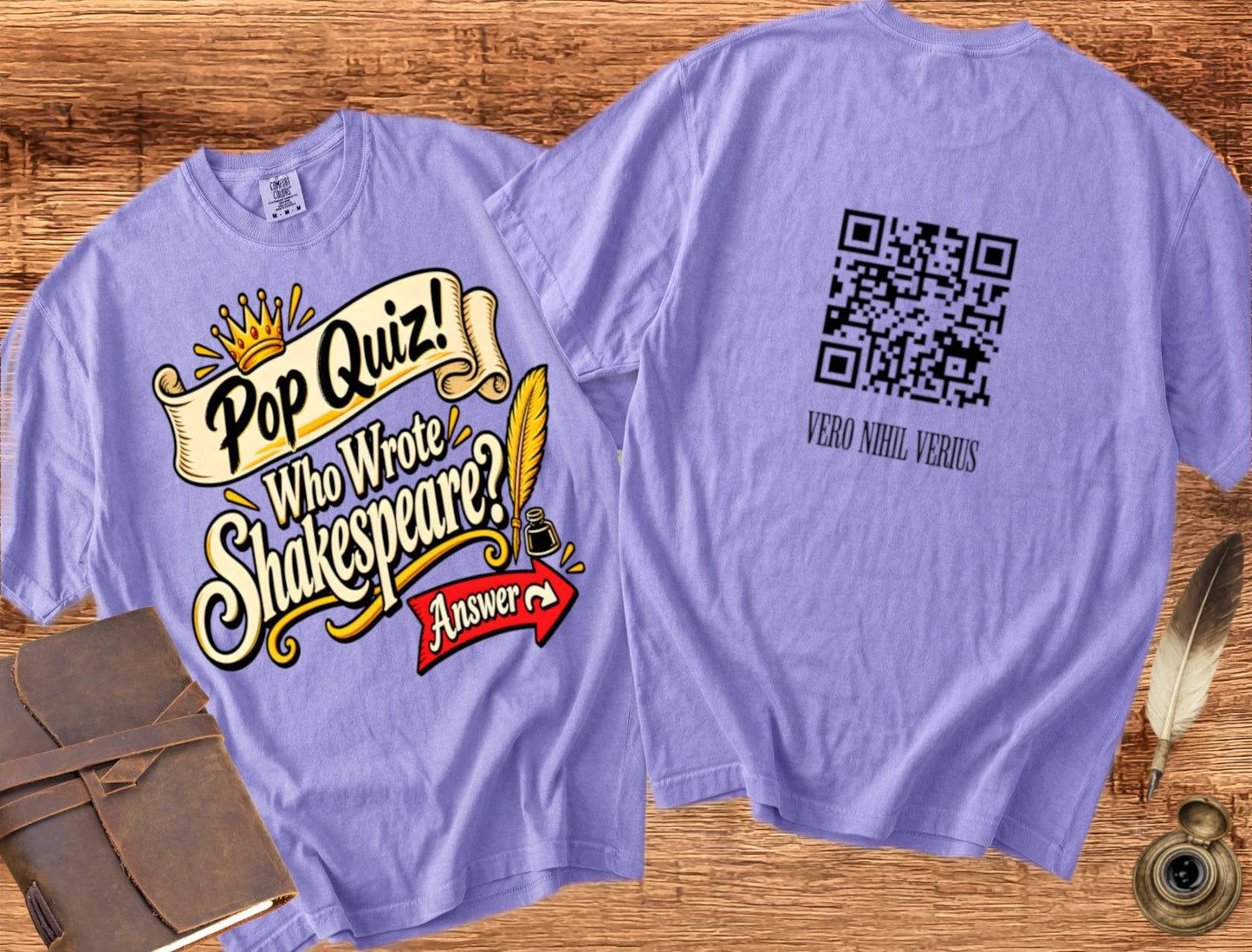 Who Wrote Shakespeare? QR code on the back — Shakespearean Tee