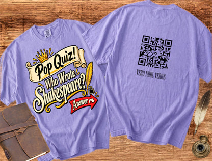Who Wrote Shakespeare? QR code on the back — Shakespearean Tee