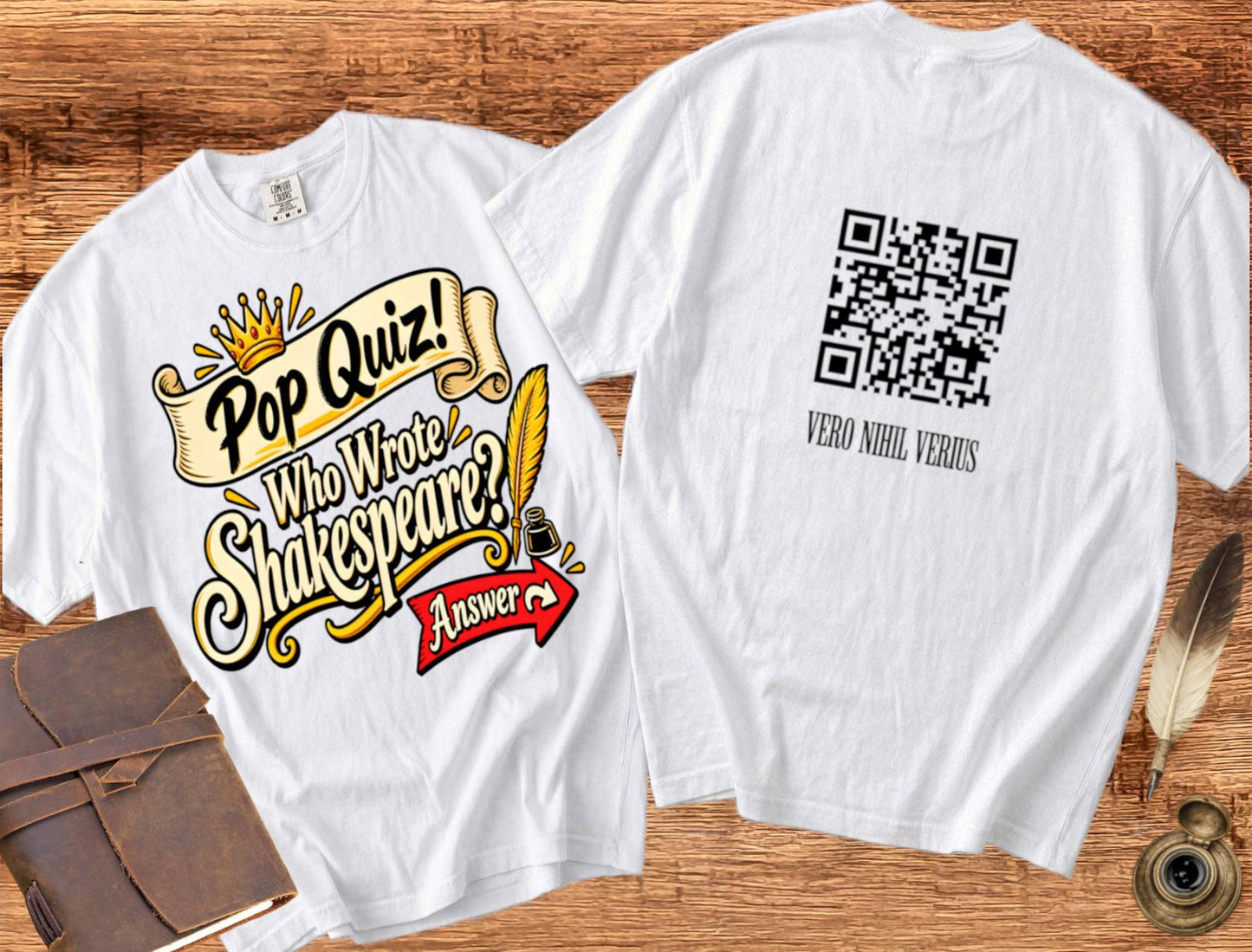 Who Wrote Shakespeare? QR code on the back — Shakespearean Tee