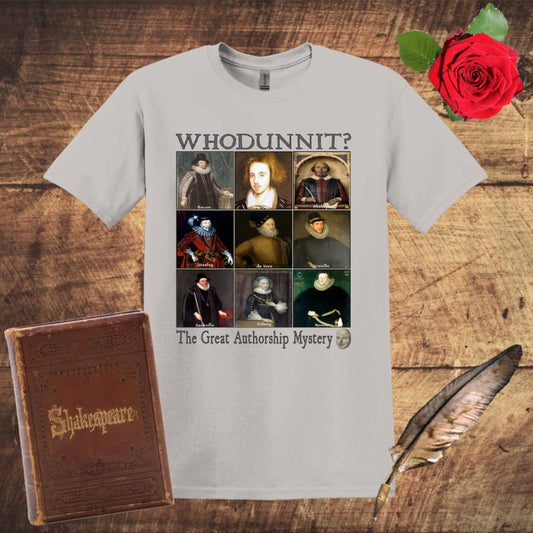 Who Dunnit? Shakespeare Authorship Mystery Graphic T-shirt - Ice Grey